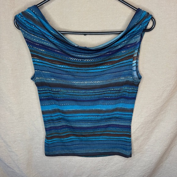 Y2K Blue Striped CowlNeck Sleeveless Going Out Top Off The Shoulder Party Tank - Picture 5 of 6